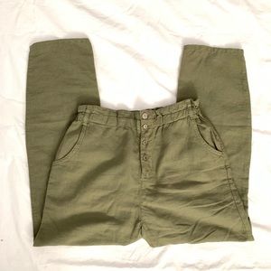 Zara Olive Button Front Linen Trouser Pants